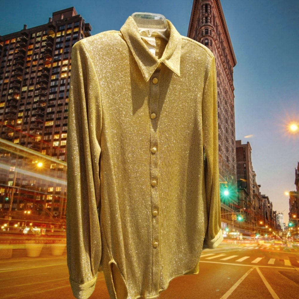 Vtg 80s Pierre Lamonte Gold Knit Lame' Tunic sz 10